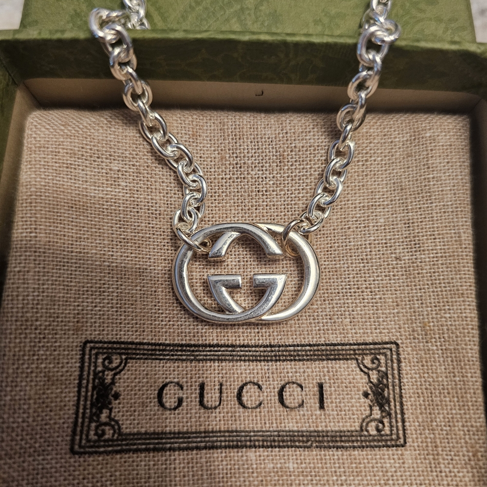 Gucci Silver Logo Pendant Necklace
